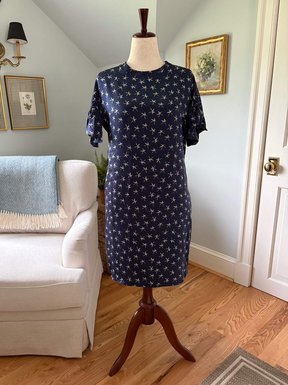 Vintage Yves Saint Laurent Navy Starfish Print Silk Dress